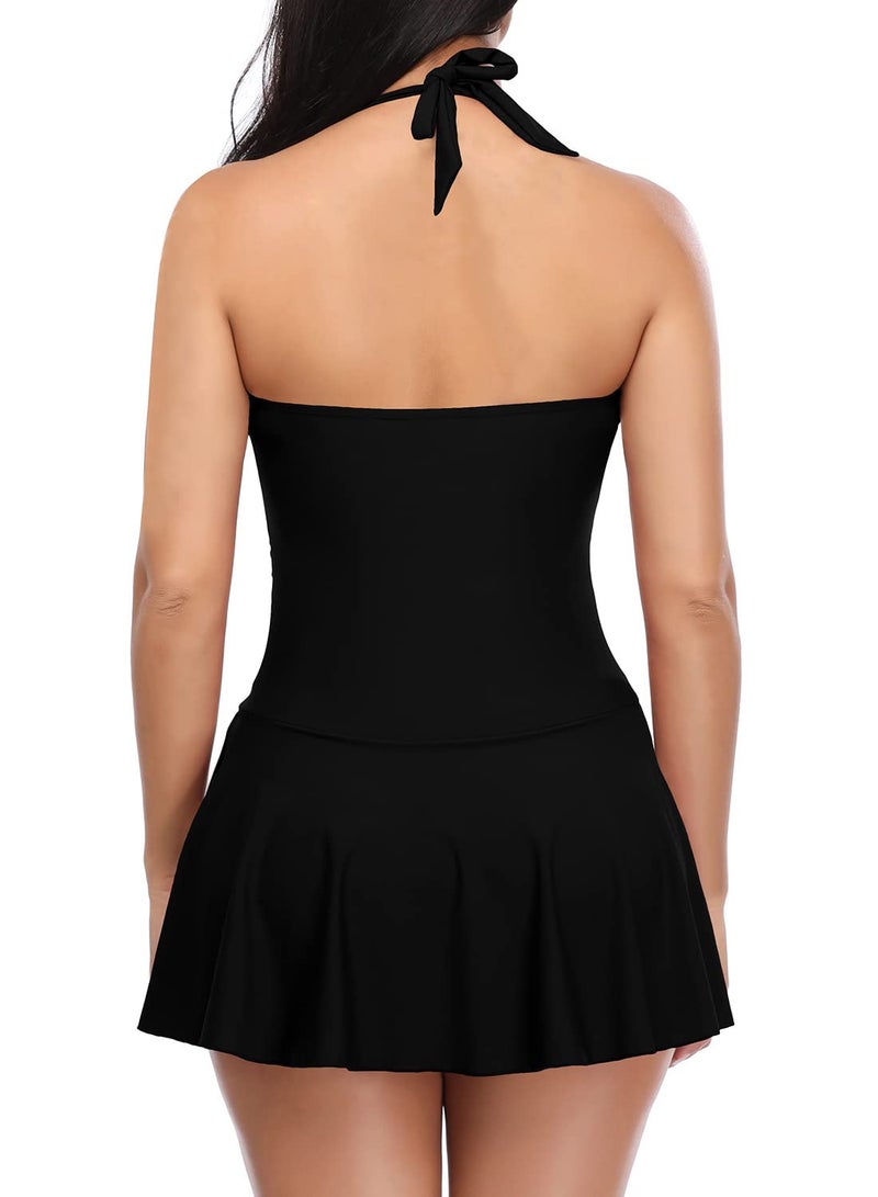 SHEKINI Women's Halter One Piece Skirt Swimsuit Ruched Swimdress Tummy Control Bathing Suit (Manhattan Black, Small) - Image 2